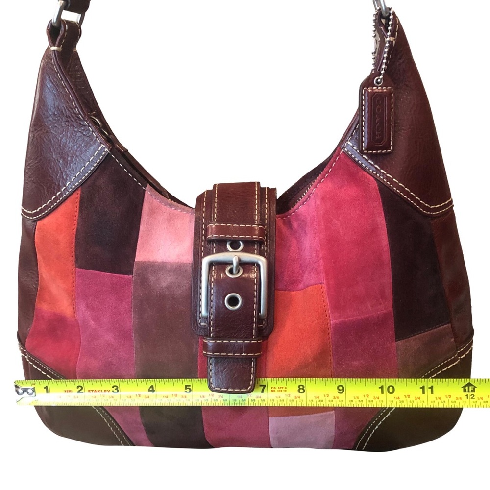 COACH Hampton Patchwork Mosaic Burgundy Leather Brown Suede Top Zip Shoulder Bag - Picture 10 of 17